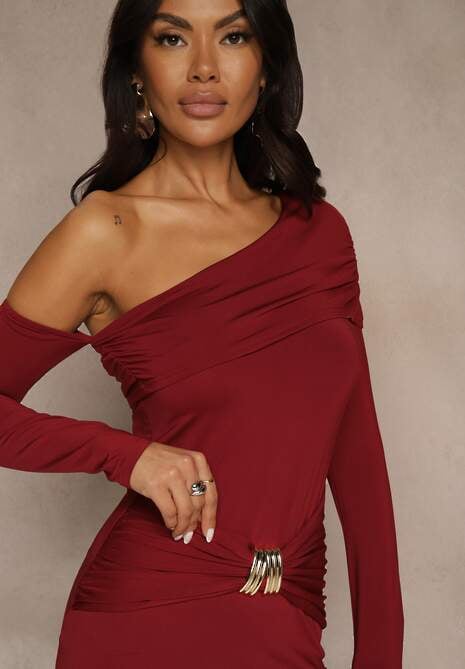 Bordowa Sukienka z Wiskozą Aplikacją Marszczeniem i Wywiniętym Dekoltem Reilenna 5