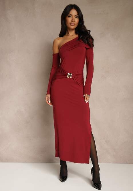 Bordowa Sukienka z Wiskozą Aplikacją Marszczeniem i Wywiniętym Dekoltem Reilenna