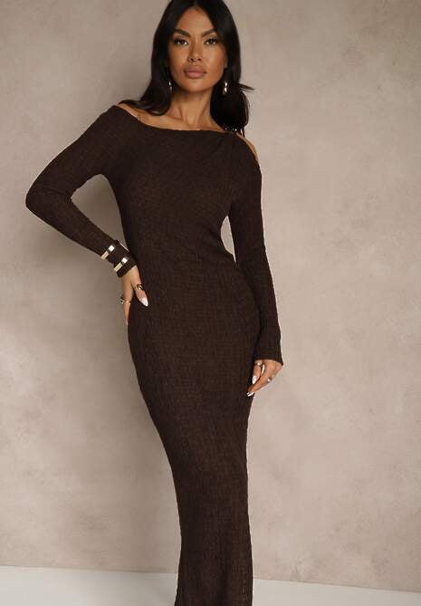 Brązowa Sukienka o Dopasowanym Kroju Ozdobiona Metaliczną Aplikacją Reittia 4