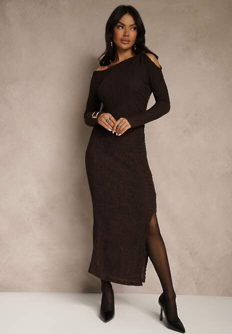 Brązowa Sukienka o Dopasowanym Kroju Ozdobiona Metaliczną Aplikacją Reittia