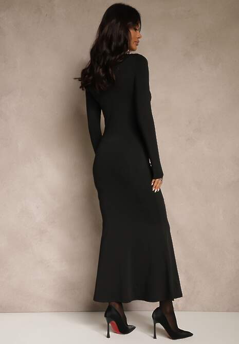 Czarna Sukienka Koktajlowa z Wiskozą i Metaliczną Klamrą przy Dekolcie Refire 4