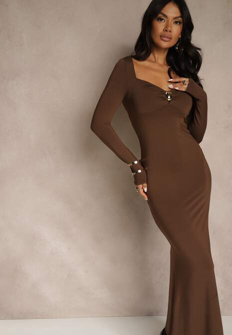 Brązowa Sukienka Koktajlowa z Wiskozą i Metaliczną Klamrą przy Dekolcie Refire 4