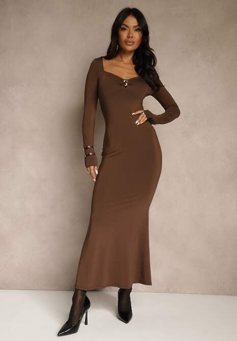 Brązowa Sukienka Koktajlowa z Wiskozą i Metaliczną Klamrą przy Dekolcie Refire