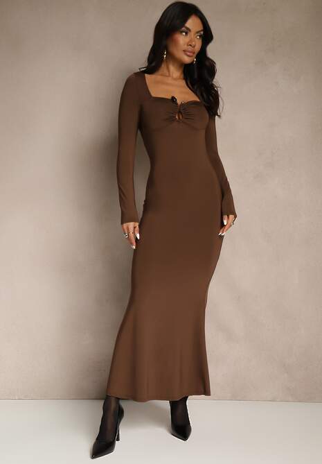 Brązowa Sukienka Koktajlowa z Wiskozą Ozdobiona Metaliczną Aplikacją Refane