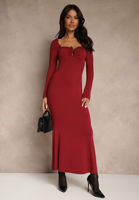 Bordowa Sukienka Koktajlowa z Wiskozą Ozdobiona Metaliczną Aplikacją Refane