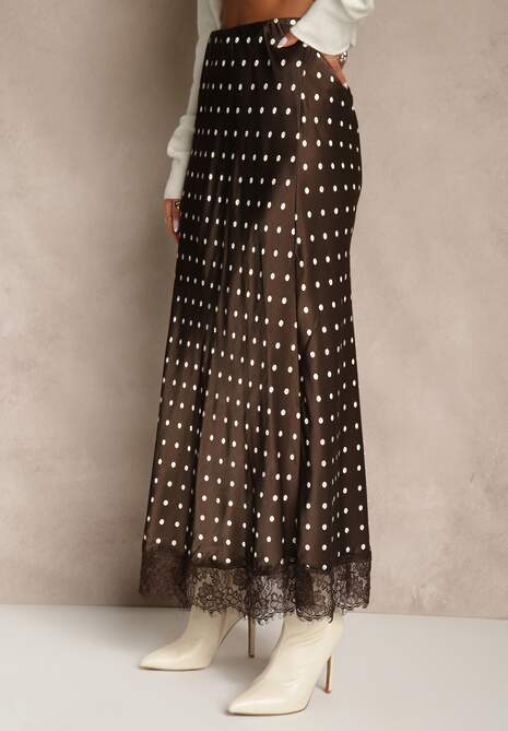 Brązowa Spódnica z Wiskozy High Waist Ozdobiona Kropkami i Koronką Monivia 4