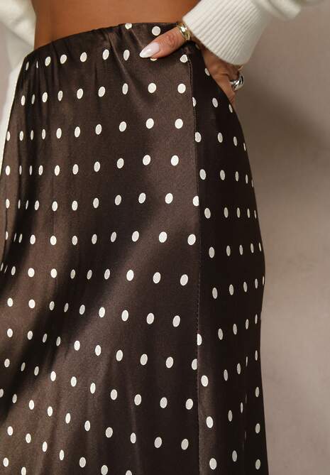 Brązowa Spódnica z Wiskozy High Waist Ozdobiona Kropkami i Koronką Monivia 5