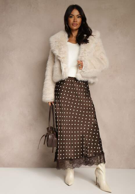 Brązowa Spódnica z Wiskozy High Waist Ozdobiona Kropkami i Koronką Monivia