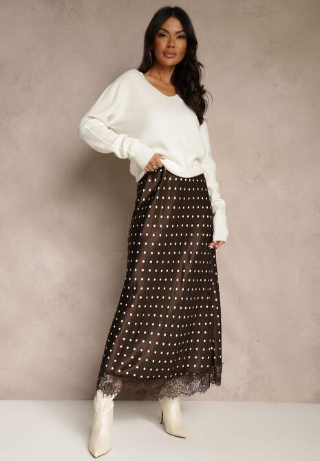 Brązowa Spódnica z Wiskozy High Waist Ozdobiona Kropkami i Koronką Monivia