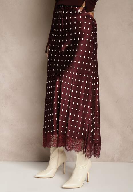 Bordowa Spódnica z Wiskozy High Waist Ozdobiona Kropkami i Koronką Monivia 4