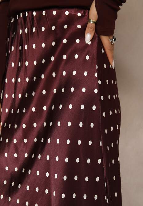 Bordowa Spódnica z Wiskozy High Waist Ozdobiona Kropkami i Koronką Monivia 5