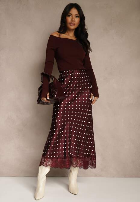 Bordowa Spódnica z Wiskozy High Waist Ozdobiona Kropkami i Koronką Monivia