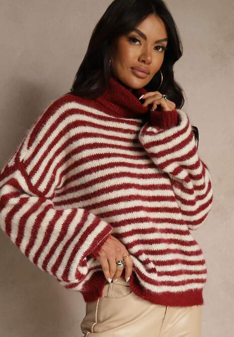 Bordowy Golf z Dodatkiem Wełny Ozdobiony Paskami Monarria 4