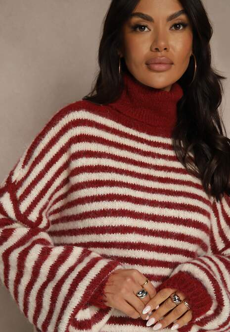 Bordowy Golf z Dodatkiem Wełny Ozdobiony Paskami Monarria 5