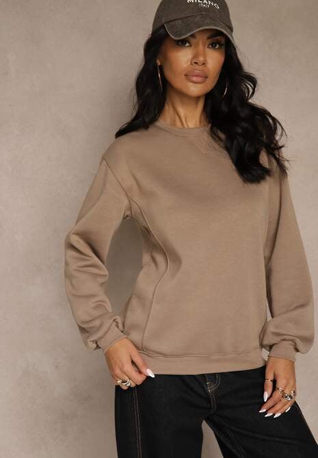 Ciemnobeżowa Bluza z Bawełną i Przeszyciami przy Dekolcie Fezanna 4