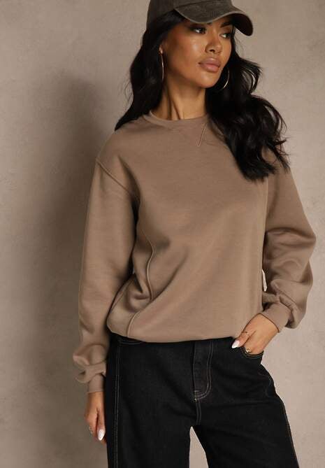 Ciemnobeżowa Bluza z Bawełną i Przeszyciami przy Dekolcie Fezanna