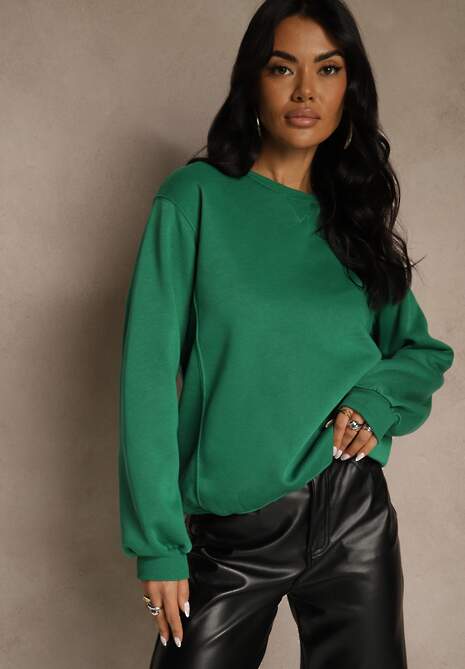Zielona Bluza z Bawełną i Przeszyciami przy Dekolcie Fezanna