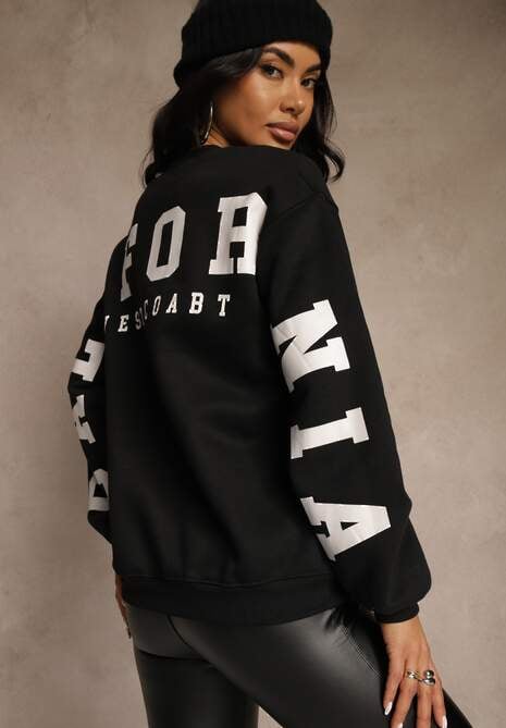 Czarna Bluza Ocieplana z Bawełną Ozdobiona Napisem Fezurra