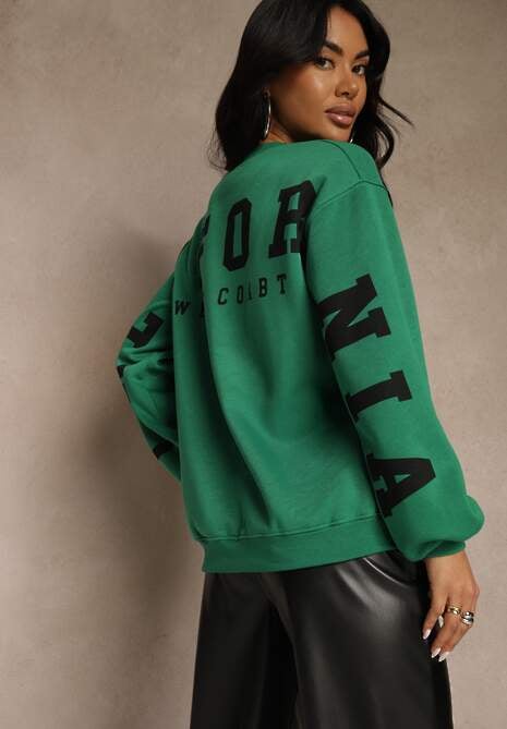 Zielona Bluza Ocieplana z Bawełną Ozdobiona Napisem Fezurra