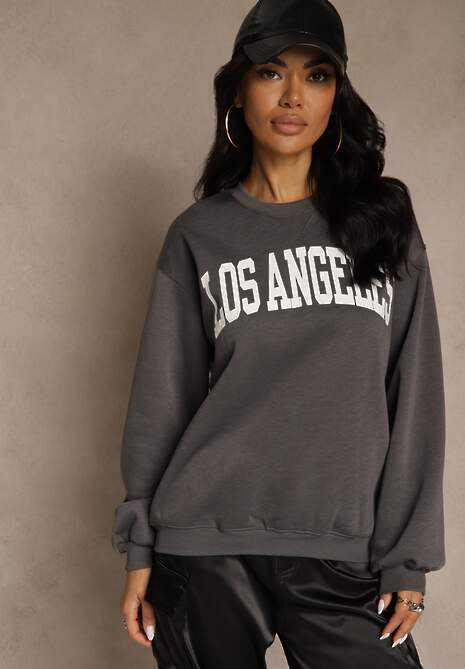 Szara Bluza z Bawełną Ozdobiona  Napisem Fezolda 4