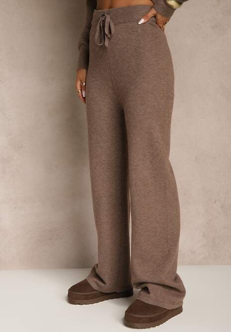 Brązowy Komplet Dzianinowy z Wełną i Bawełną Sweter Golf i Szerokie Spodnie  Reipella 4