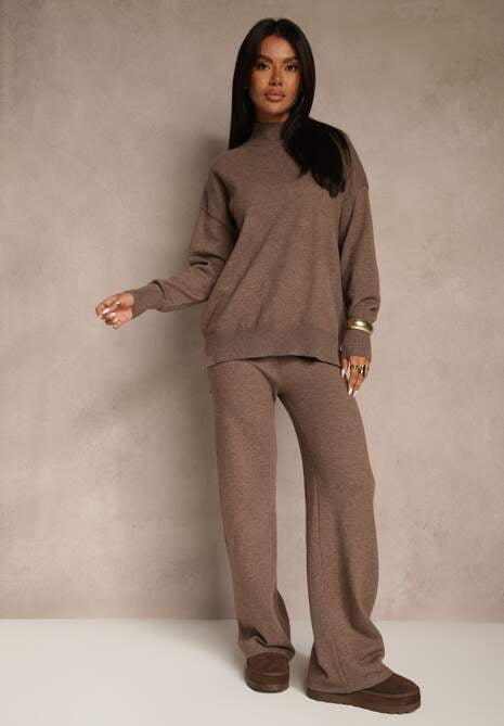 Brązowy Komplet Dzianinowy z Wełną i Bawełną Sweter Golf i Szerokie Spodnie  Reipella