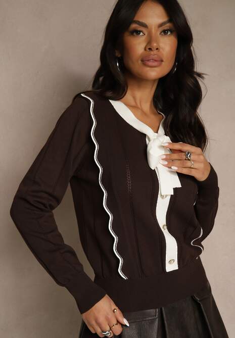 Brązowy Sweter z Wiskozą z Ozdobnymi Guzikami i Kokardą w Stylu Retro Miaraine 4