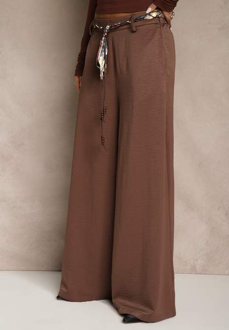Brązowe Szerokie Spodnie z Paskiem w Stylu Wstążki Tussema 4