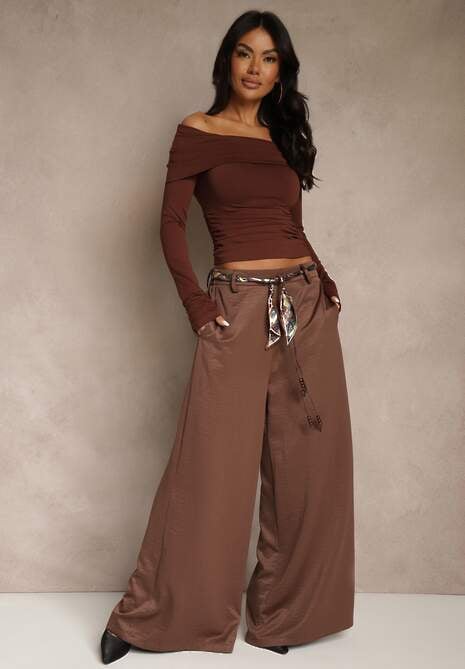 Brązowe Szerokie Spodnie z Paskiem w Stylu Wstążki Tussema