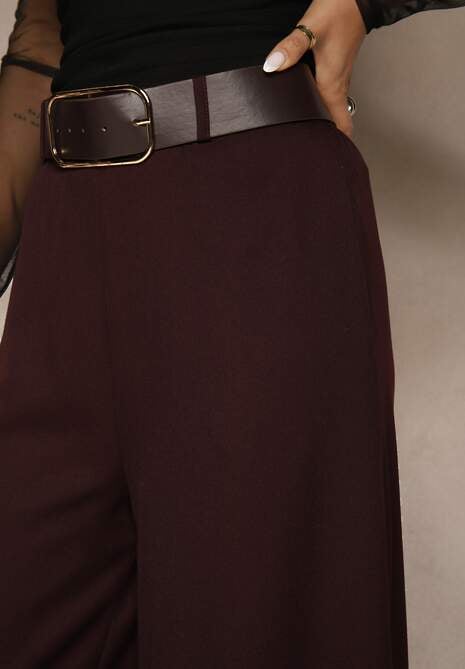 Bordowe Szerokie Garniturowe Spodnie z Bawełny High Waist Ozdobione Paskiem Tusneva 5
