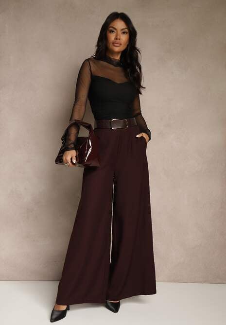 Bordowe Szerokie Garniturowe Spodnie z Bawełny High Waist Ozdobione Paskiem Tusneva
