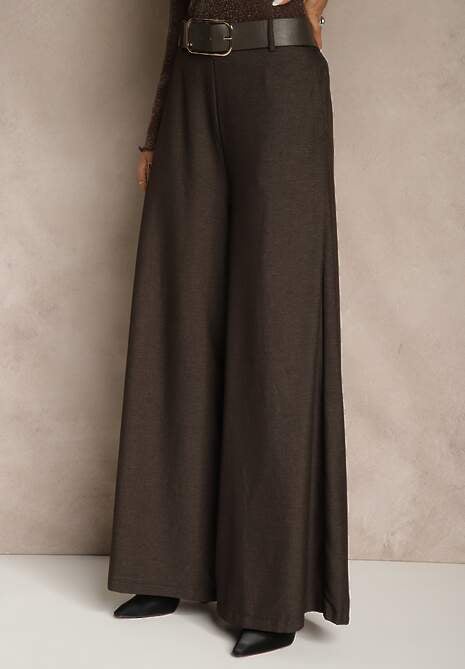 Brązowe Szerokie Garniturowe Spodnie z Bawełny High Waist Ozdobione Paskiem Tusneva 4