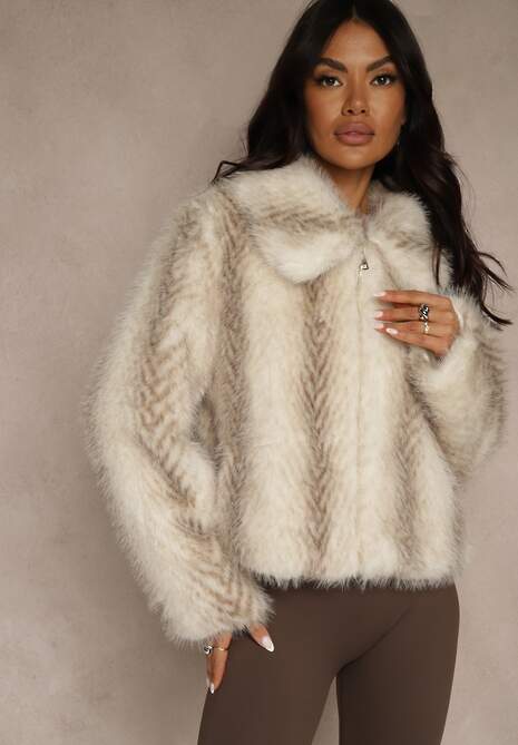 Jasnobeżowa Klasyczna Kurtka Futerko z Zapięciem na Zamek Błyskawiczny Tuswella