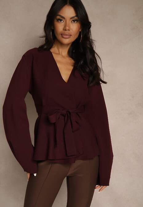 Bordowy Kardigan z Wiskozą Ozdobiony w Pasie Wiązaniem Tusllima