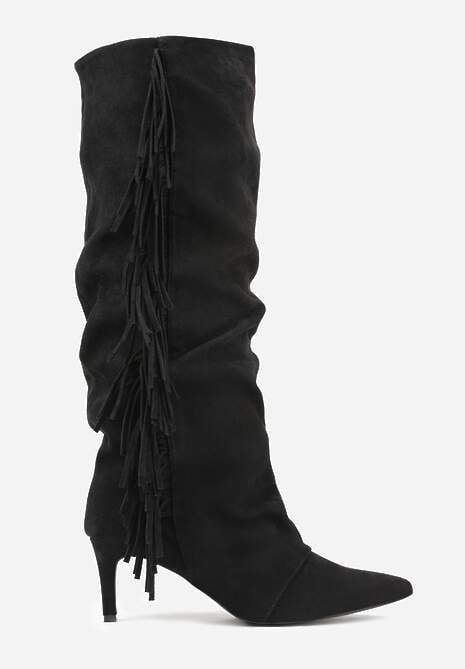 Czarne Kozaki z Imitacji Zamszu na Szpilce z Marszczoną Cholewką z Frędzlami Linotris 4