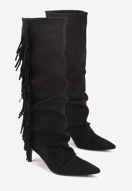 Czarne Kozaki z Imitacji Zamszu na Szpilce z Marszczoną Cholewką z Frędzlami Linotris 5