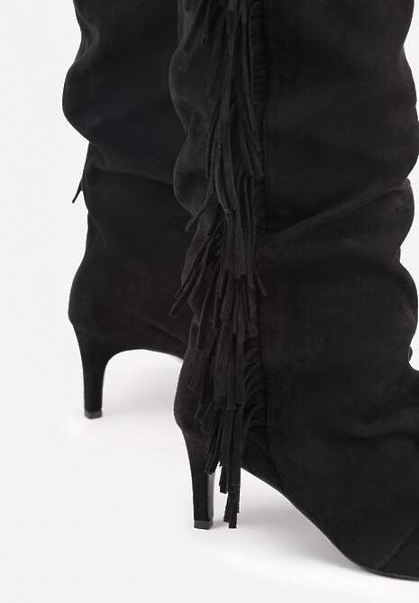 Czarne Kozaki z Imitacji Zamszu na Szpilce z Marszczoną Cholewką z Frędzlami Linotris 6