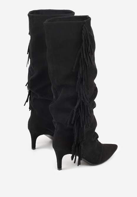 Czarne Kozaki z Imitacji Zamszu na Szpilce z Marszczoną Cholewką z Frędzlami Linotris 7