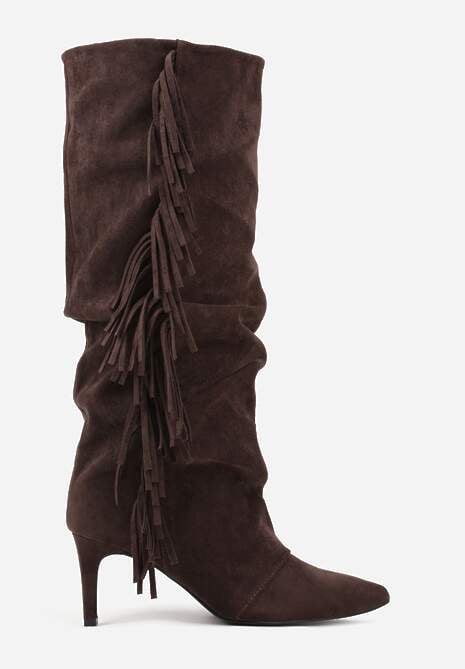 Brązowe Kozaki z Imitacji Zamszu na Szpilce z Marszczoną Cholewką z Frędzlami Linotris 4