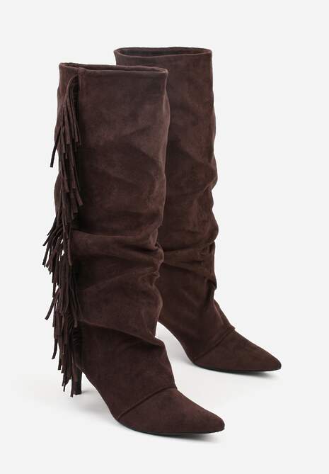 Brązowe Kozaki z Imitacji Zamszu na Szpilce z Marszczoną Cholewką z Frędzlami Linotris 5