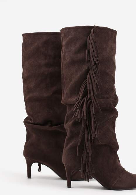 Brązowe Kozaki z Imitacji Zamszu na Szpilce z Marszczoną Cholewką z Frędzlami Linotris 6