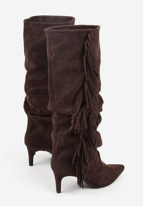 Brązowe Kozaki z Imitacji Zamszu na Szpilce z Marszczoną Cholewką z Frędzlami Linotris 7