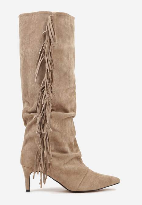 Ciemnobeżowe Kozaki z Imitacji Zamszu na Szpilce z Marszczoną Cholewką z Frędzlami Linotris 4