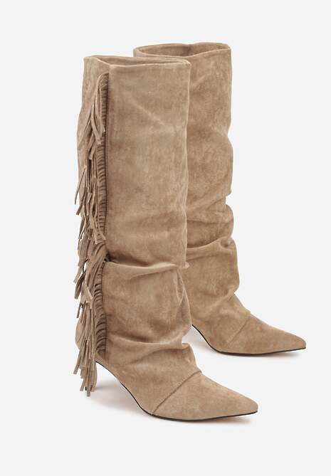 Ciemnobeżowe Kozaki z Imitacji Zamszu na Szpilce z Marszczoną Cholewką z Frędzlami Linotris 5