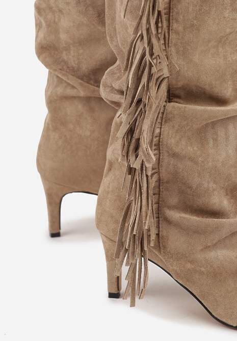 Ciemnobeżowe Kozaki z Imitacji Zamszu na Szpilce z Marszczoną Cholewką z Frędzlami Linotris 6