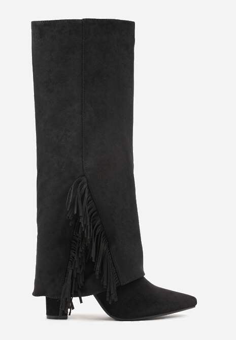 Czarne Kozaki na Słupkowym Obcasie z Cholewką Imitującą Nogawkę z Frędzlami Linafela 4