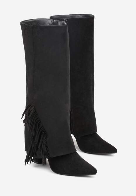 Czarne Kozaki na Słupkowym Obcasie z Cholewką Imitującą Nogawkę z Frędzlami Linafela 5