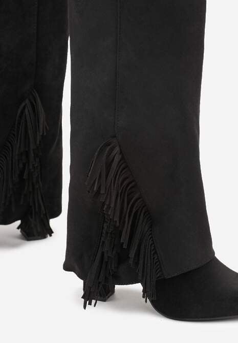 Czarne Kozaki na Słupkowym Obcasie z Cholewką Imitującą Nogawkę z Frędzlami Linafela 6