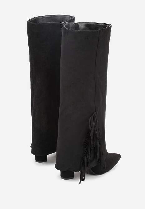 Czarne Kozaki na Słupkowym Obcasie z Cholewką Imitującą Nogawkę z Frędzlami Linafela 7