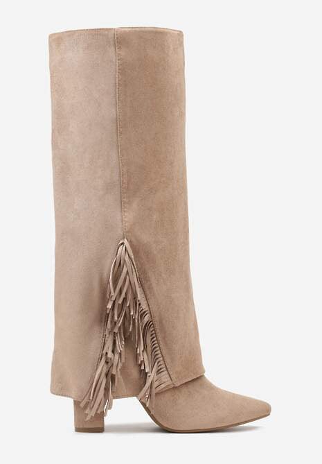 Ciemnobeżowe Kozaki na Słupkowym Obcasie z Cholewką Imitującą Nogawkę z Frędzlami Linafela 4